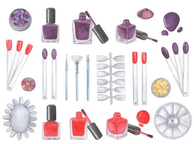 Damlalı kırmızı ve menekşe ojeli suluboya çizimleri. Beyaz arkaplanda suluboya tırnak çalısı ve paletler