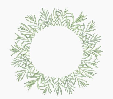 Suluboya Lavanta Çelengi. Beyaz arka planda yaprakları olan lavanta rengi yuvarlak çelenk. Kutlama kartları ve düğün davetiyeleri için çiçek çizimi.