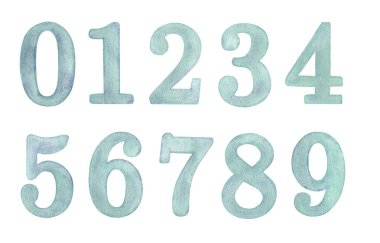 El boyası suluboya mavi numara 0-9 beyaz zemin üzerinde izole.