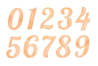 El boyası suluboya 0-9 numaralı turuncu beyaz arka planda izole edilmiş..