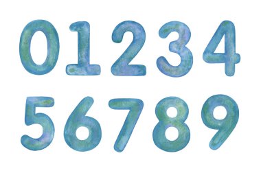 El boyası suluboya mavi numara 0-9 beyaz zemin üzerinde izole.