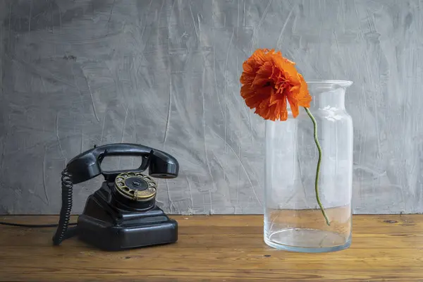 Retro old black rotary telephone on table and poppy in vasa front textured concrete wall background