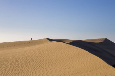 Gran Canaria 'daki Maspaloma Kumulları. Desenli kum tepecikleri, gölgeler ve soluk ayak izleri. Minimalist çöl manzarası. Doğa, seyahat ya da minimalist projeler için mükemmel.