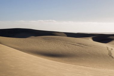 Gran Canaria 'daki Maspaloma Kumulları. Desenli kum tepecikleri, gölgeler ve soluk ayak izleri. Minimalist çöl manzarası. Doğa, seyahat ya da minimalist projeler için mükemmel.