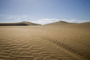 Geniş kum tepecikleri ve ölçeği vurgulayan küçük bir figür. Dalgalanan kum ve çoğunlukla açık gökyüzü olan çöl manzarası. Doğa, seyahat ve macera projeleri için mükemmel.