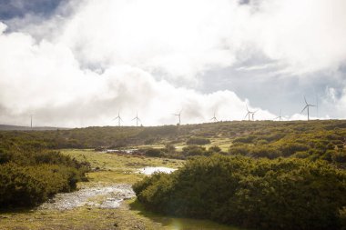 Bereketli Madeira 'nın yeşil tepelerinde parçalı bulutlu bir gökyüzünde sergilenen rüzgar türbinlerinin çarpıcı manzarası. Bu resim doğal manzaralarla uyum içinde yenilenebilir enerji çözümlerini vurgular.