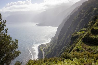 Madeira 'nın dramatik uçurumları ve kıyı şeridi. Yeşilliklerle dolu okyanus boyunca dolambaçlı bir yol. Seyahat, doğa ve manzara teması için ideal.