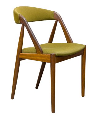 Beyaz arka planda izole edilmiş modern yemek koltuğu. Açık yeşil döşemeli ahşap çerçeve. Klasik İskandinav tasarımı. Mobilya, tasarım veya iç dekorasyon projeleri için mükemmel.