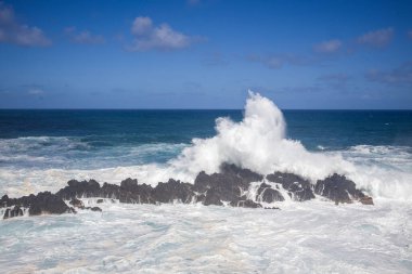 Ziyaretçiler Madeira Piscinas Naturais do Aquario 'daki büyüleyici doğal havuzlara hayran kaldılar. Parlak mavi gökyüzü altında kayalık oluşumlara güçlü dalgalar çarpıyordu..
