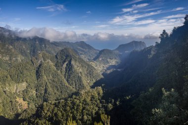 Nefes kesen bir manzara, açık mavi gökyüzünün altında Madeiras 'ın yemyeşil vadilerini ve dik dağlarını gözler önüne seriyor. Bu engebeli arazi, öğle vakti güzelliğini sergiliyor. Keşif ve maceraya davetiye çıkarıyor..