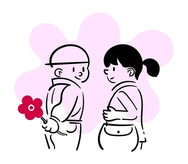 Junge Und Mädchen Mit Einer Blume Cartoon Zeichnung — Stockvektor