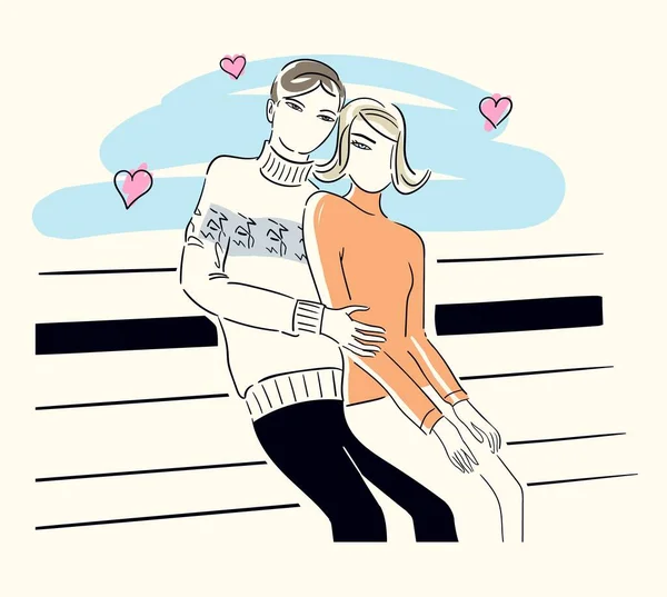 Couple Love Sitting Bench Sketch — Stock Vector