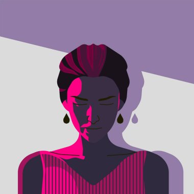 Güzel bir kadının pop sanat tarzı portresi, yumruk şeklinde ve dikkat gerektiren renkler, akşam sert ışık kompozisyonu.