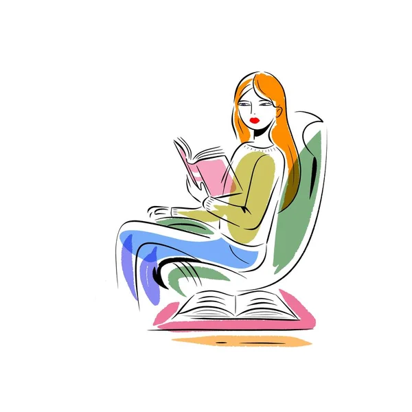 Woman reading a book in armchair, cartoon