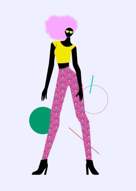 Pembe saçlı şık siyah kadın, moda çizimi.