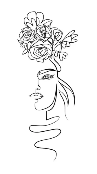 花を持つ女性1行の図面 連続ライン美しい女性と花の花輪 — ストックベクタ