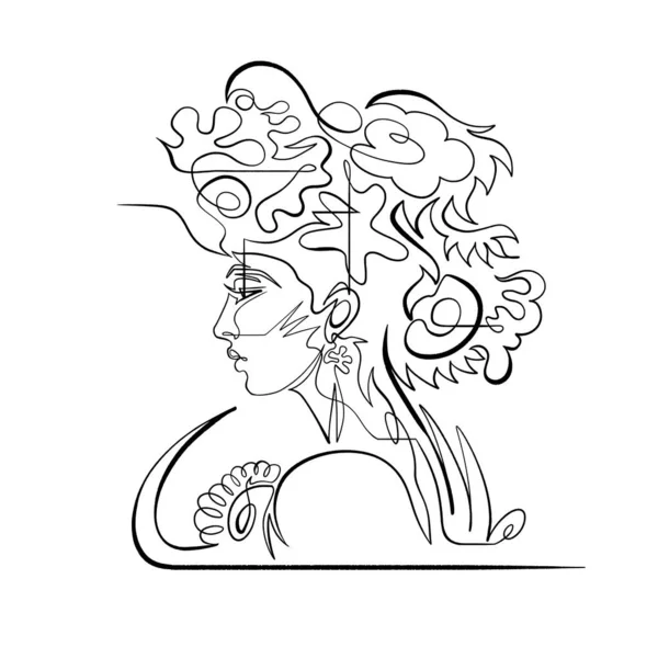 Wassernymphe Frauenkopf Mit Blumen Korallen Und Algen Einzeilige Zeichnung Durchgehende — Stockvektor