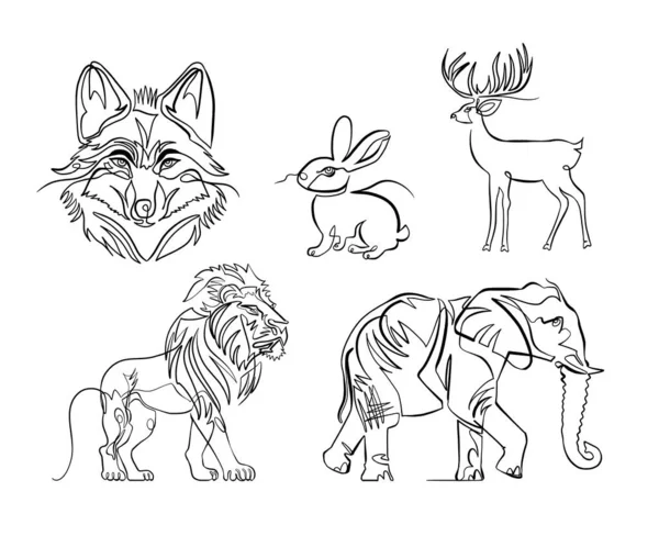 One Line Drawings Famous Animals Set Five Wolf Hare Deer — Stock Vector