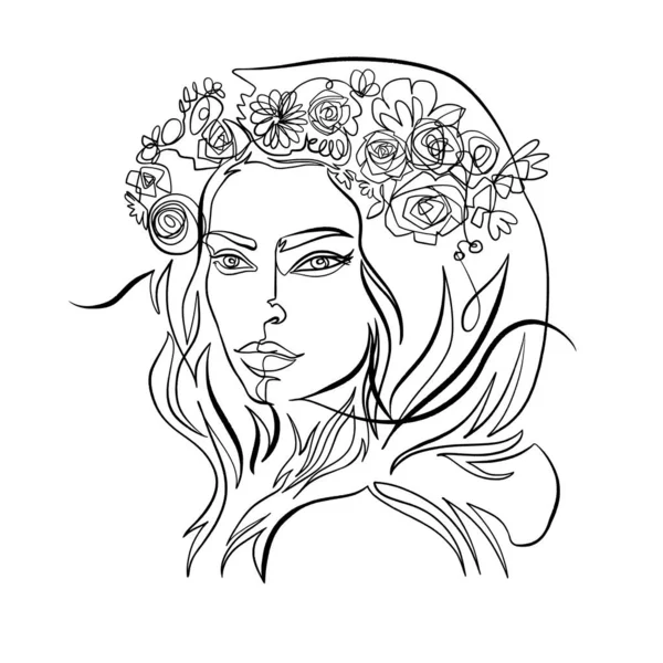 Kontinuerlig Linje Tegning Smuk Kvinde Med Krans Blomster Hovedet – Stock-vektor
