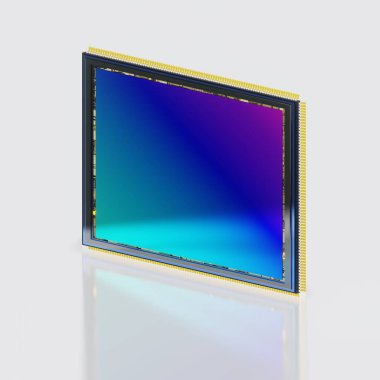 Kenarında büyük dijital kamera sensörü var. 3D görüntüleme, devasa modern dijital matris, akıllı telefonlar ve aynasız dijital kameralar için teknolojik buluş. Yazılı görünüm.