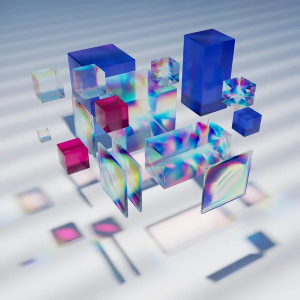 ガラスキューブとプレート ガラス形態 3Dレンダリング 技術的抽象化 — ストック写真