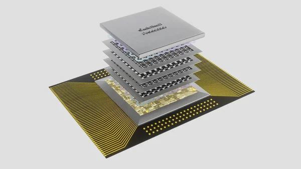 Koncepce Kvantového Procesoru Kvantovými Qubitovými Deskami Obvodů Vrstvách Elektroinstalace Kryt — Stock fotografie