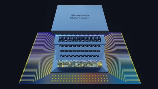 Koncepce Kvantového Procesoru Kvantovými Qubitovými Deskami Obvodů Vrstvách Elektroinstalace Obal — Stock fotografie