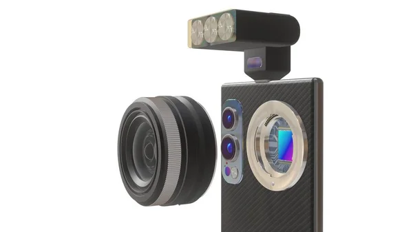 交換レンズ付き携帯電話の概念的な3Dイラスト 3Dレンダリング 白に隔離された — ストック写真