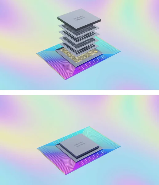 量子处理器的概念 量子量子量子比特电路板的层 3D渲染 组装和爆炸视图 全息梯度银调色板 — 图库照片