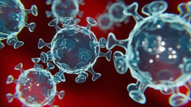 Kırmızı Hücre Arkaplanındaki Virüs Parçacıkları - 3B oluşturma