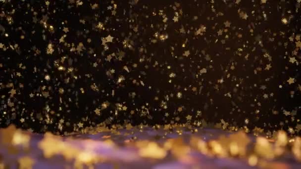 Dreamy Festive Mood Shining Gold Stars Dark Snow Globe Water — Stock video