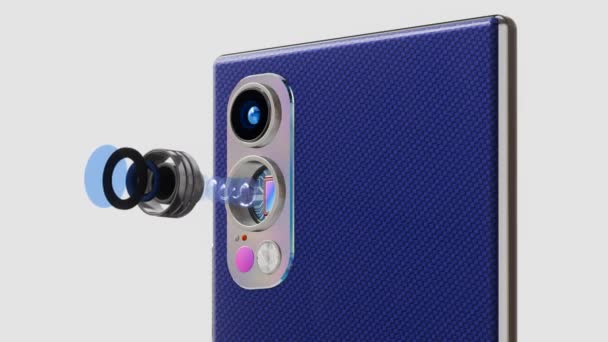 デュアルカメラ付きスマートフォン 爆発したビュー マクロ回転 3Dレンダリングの光学エレメントとセンサー — ストック動画