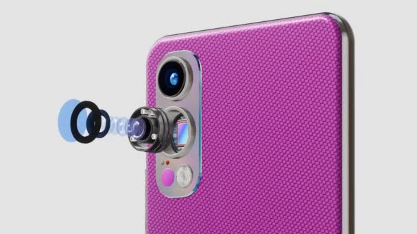 二重カメラおよび光学要素およびセンサーが付いているピンクのスマートフォン 爆発された眺め 3Dレンダリング — ストック動画
