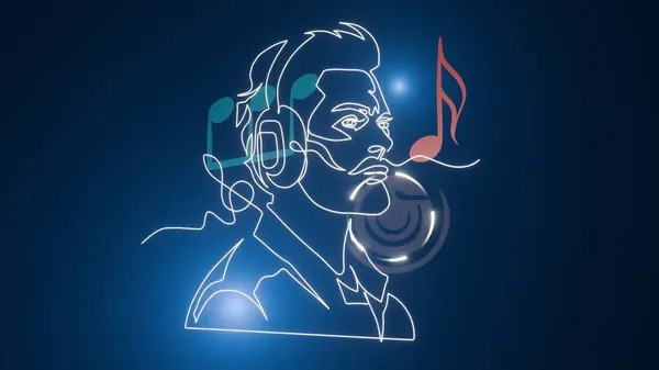 Music man head with headphones, in the style of one line light painting with music notes, quick draw 3D rendering