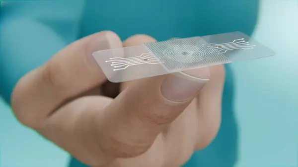 トランスデューサーワクチン マイクロニードルとマイクロチップを用いた透明パッチを使用した未来的な方法 ハイテクワクチン接種パッチ 3Dレンダリングを保持するハンドのクローズアップ — ストック写真