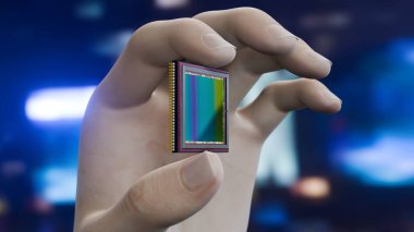 Dijital Fotoğraf: 35 mm 'lik Kamera Sensörüne Bir Bakış. Bir El Tutma Dijital Sensörünün Yakın Çekimi. 3B görüntüleme.