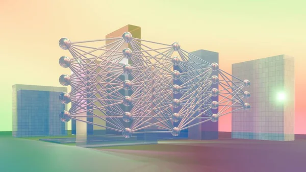 Fully connected neural network concept illustration, Elegant Modern Techno Design, 3D rendering