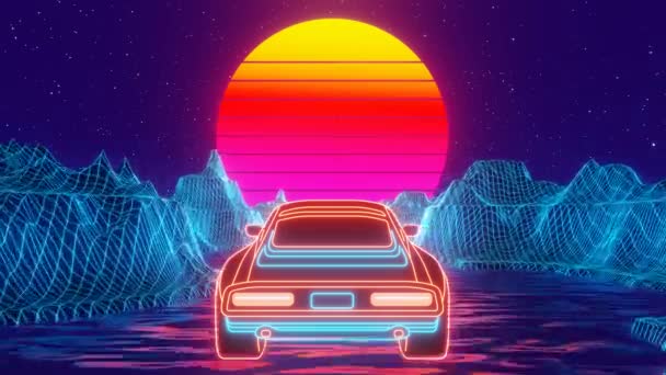 Nostalgic Allure Imagined Future Neon Lit Landscape Classic Car Animasi — Stok Video