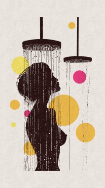 An artistic illustration of a woman showering, depicted in silhouette. The design features two showerheads with water streams and colorful circles, creating a vibrant and modern aesthetic clipart