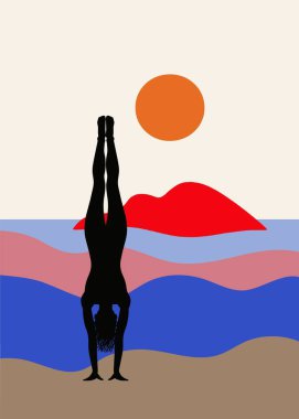 Gün batımında plajda amuda kalkan bir kadını gösteren minimalist bir çizim. Görüntü turuncu bir güneş, kırmızı dağlar ve mavi ve pembe tonlarında dalgalar ile canlı renkler içerir.