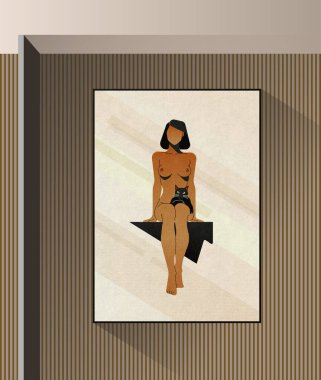 Kucağında siyah bir kedi olan çıplak bir kadının modern ve soyut bir illüstrasyonunun altın versiyonu. Eserler çerçeveli bir parça olarak sergileniyor, duvarda dikey çizgili duvar kağıtları var.