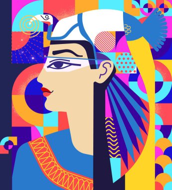 Çarpıcı bir dijital portre, eski Mısır estetiği ile modern geometrik tasarımı birleştirerek, çarpıcı desenler ve canlı renklerle süslenmiş bir kadın profili içerir. Sanat eseri.