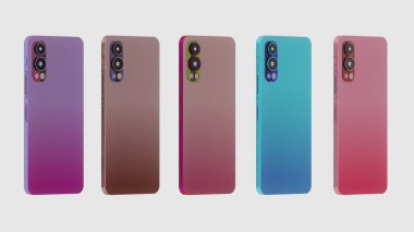 A set of five smartphones featuring gradient back panels with an emphasis on sleek and colorful camera modules. Captures a stylish, high-tech aesthetic ideal for technology or lifestyle imagery. clipart