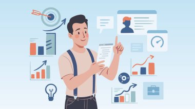 Çoklu görev yapan üretken bir gencin çizimi. Tablolar, hedefler ve ampuller gibi simgelerle çevrelenmiş olarak etkili proje yönetimi, veri analizi ve iş stratejisini temsil etmektedir..