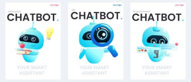 Broşür dizisinde online asistan robot. Bir web sayfası için teknik destek tasarımı. Sanal yardım sitesi. Vektör çizgi film illüstrasyonu