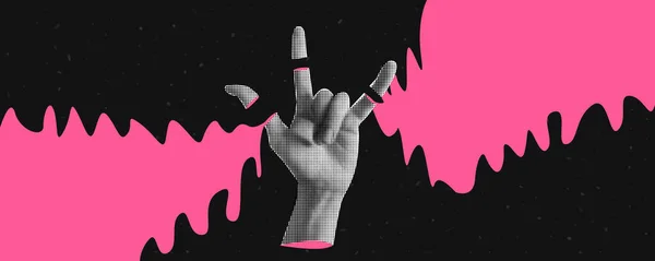 Collage Banner Mit Halbtoneffekt Hand Mit Geste Rock Abgerissene Finger — Stockvektor