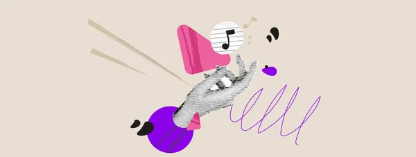 Vector Collage Mit Handhalter Spielt Musik Und Notizen Papier Grunge — Stockvektor