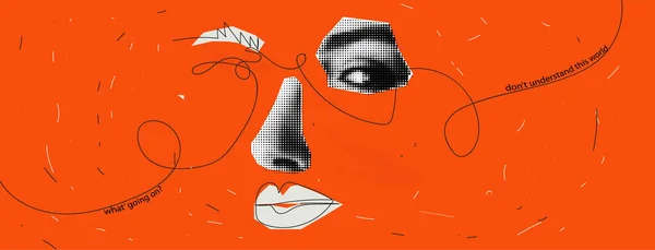 パンクな顔のコラージュ 不安や混乱に関する概念 抽象的な背景での動き コラージュ風の目と鼻 ベクターイラスト — ストックベクタ