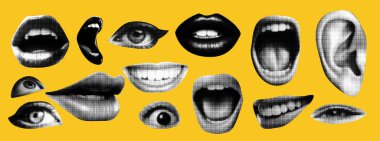 Serseri kolaj elementleri. Yarım ton tedavisinde gözler, dudaklar ve kulak. Retro dergi kupürleri. Sarı arkaplanda ağız