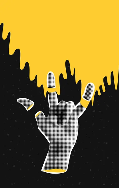 ジェスチャーロックでハーフトーン効果の手でコラージュバナー 指と汗をオフにリッピング 抽象的な空間と星とテクスチャ化された背景 サイケデリックポスター 新しい波だ パンク — ストックベクタ